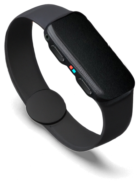 Black wristband with a rectangular module, two side buttons and red and blue indicator lights.